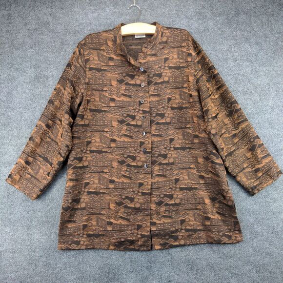 Chico's Design Womens Top Button Up Shirt Actual 24W 32L Embroidered Brown Black - Picture 2 of 12